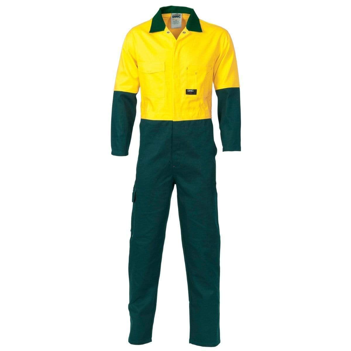Dnc Workwear Hi-vis Two-tone Cotton Coverall - 3851 Work Wear DNC Workwear Yellow/Bottle Green 77R 